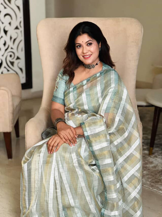 Pure tissue and Organza silver and golden vertical striped saree SO220
