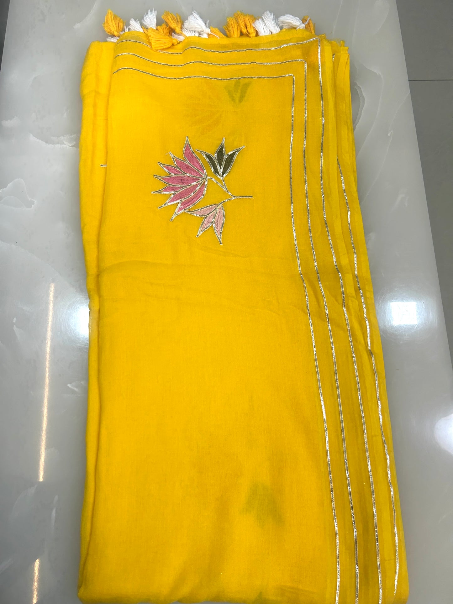 Mango Yellow  color Mulcotton saree with Gottapatti embroidery work