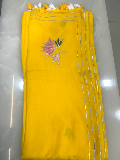 Mango Yellow  color Mulcotton saree with Gottapatti embroidery work