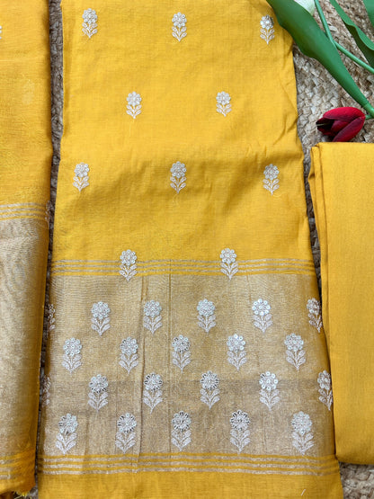 Mustard Yellow Pure Mulcotton Zari Embroidered 3-Piece Dress Material