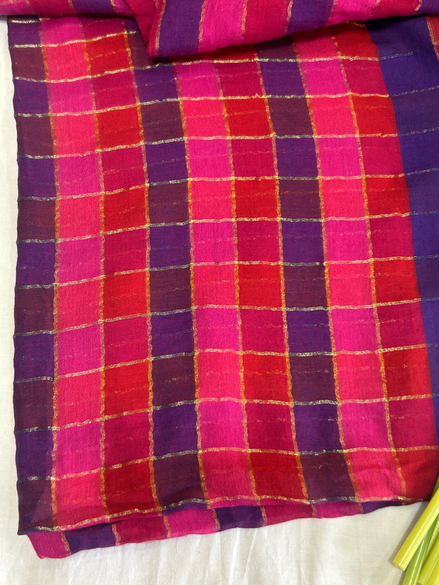 Rainbow mulcotton with majenta and purple blue checked pattern body and vertical striped pallu SMC 234