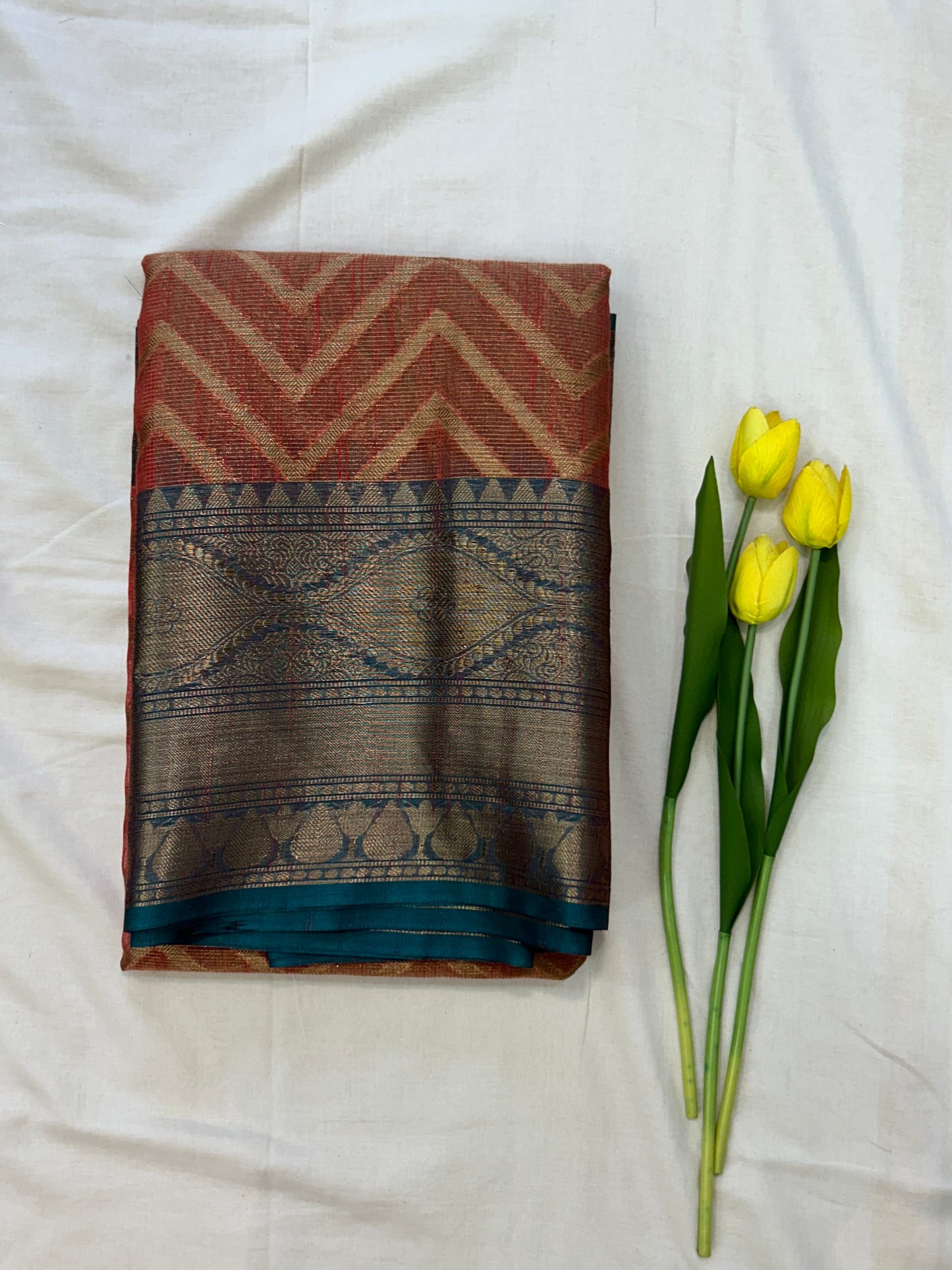 Burnt Orange with Teal blue border with Antique Gold Zari Linen Tissue Banarasi saree with Brocade blouse piece
