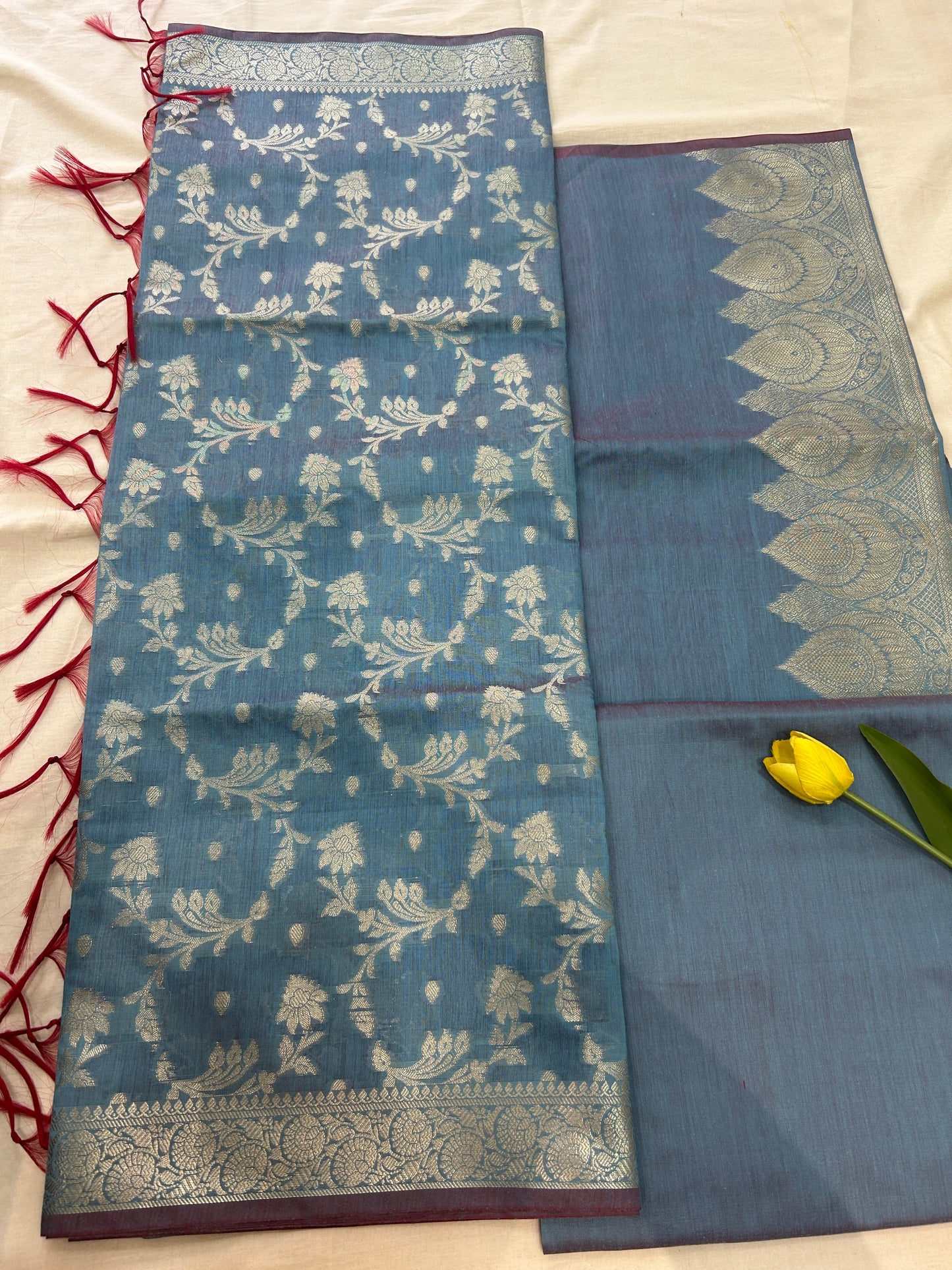 Dusty steel blue color with Solid color body Banarasi 3 piece set
