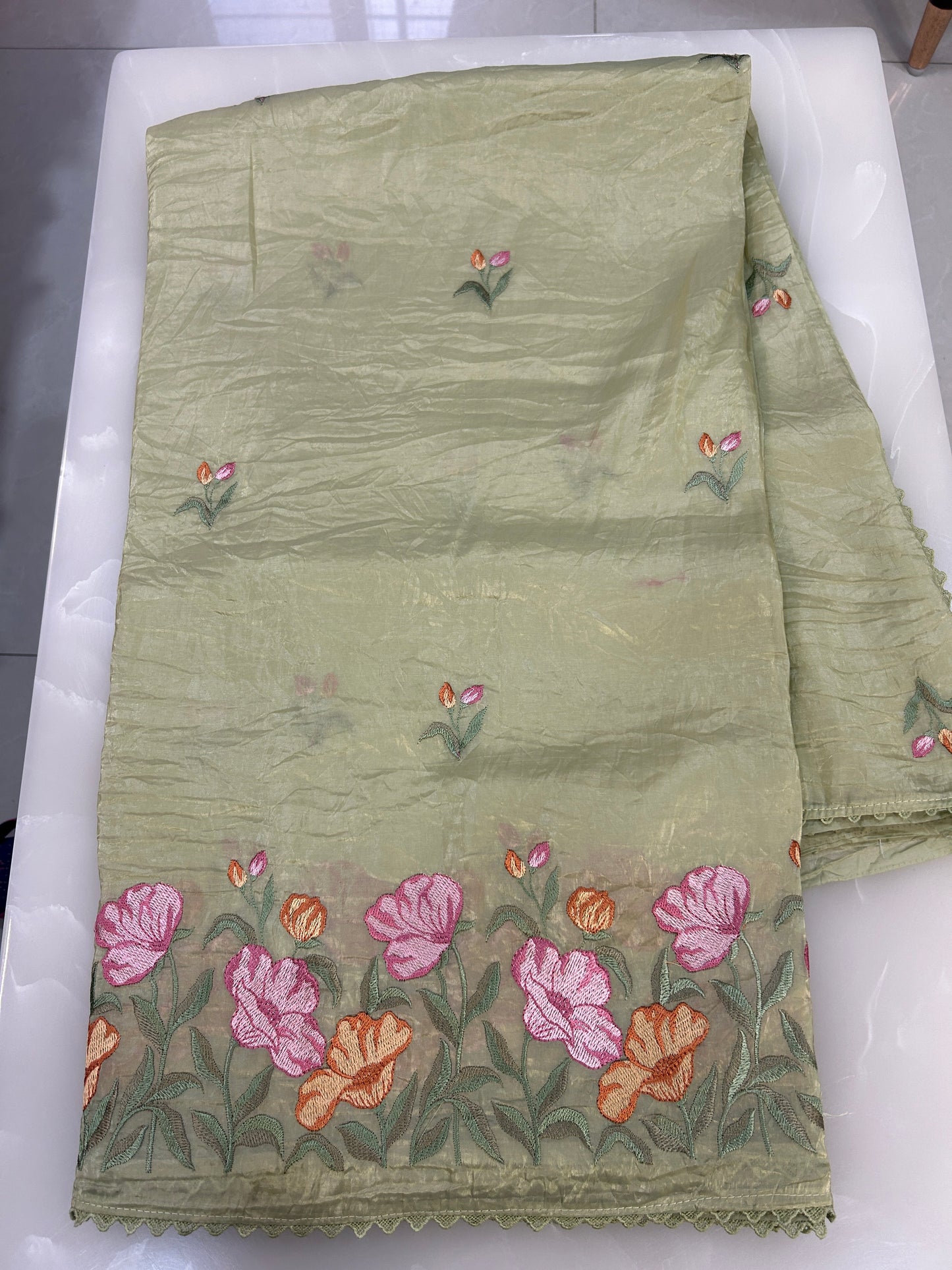 Pastel Green color  Crushed Organza Saree with blouse piece SCO157
