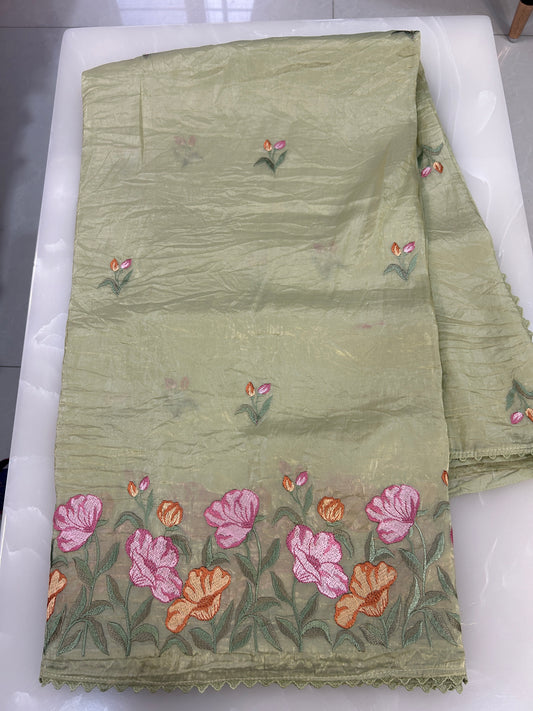 Pastel Green color  Crushed Organza Saree with blouse piece SCO157