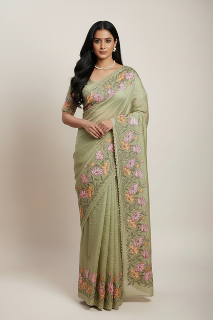 Pastel Green color  Crushed Organza Saree with blouse piece SCO157