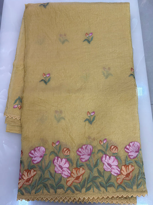 Pastel Yellow color Crushed Organza Saree with blouse piece SCO158
