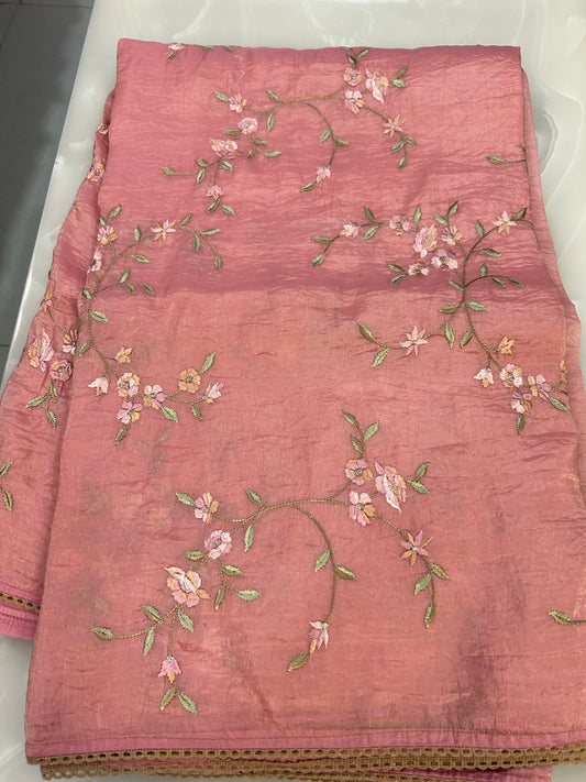 Peach Pink Crushed Organza Saree embroidery all over body with blouse piece SCO152