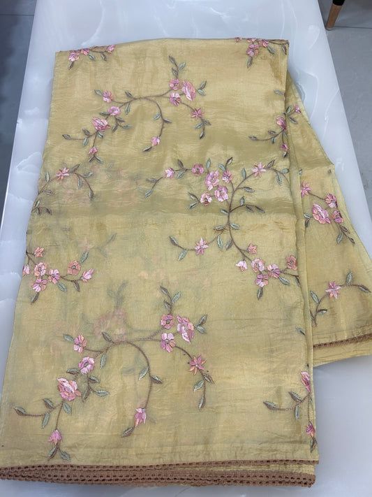 Pastel Yellow Crushed Organza Saree with embroidery all over body with blouse piece SCO153