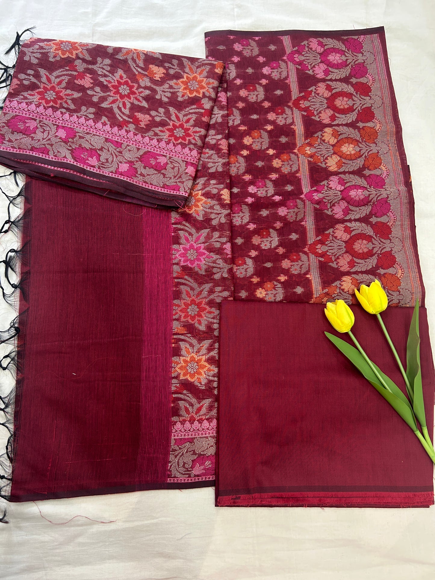 Handwoven maroon Cotton silk Unstitched Banarasi Suit Set with Resham Weaving