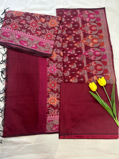 Handwoven maroon Cotton silk Unstitched Banarasi Suit Set with Resham Weaving