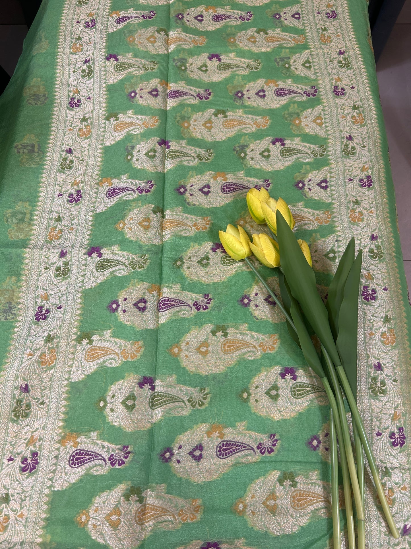 Authentic Handloom Pure Khaddi Georgette Banarasi Saree – Mint Green with Meenakari Weaving