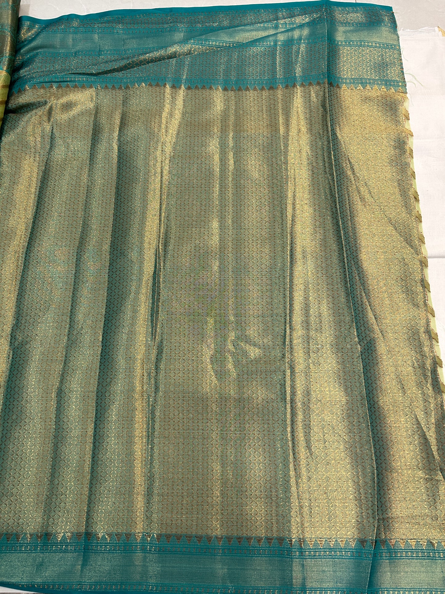 Pista Green with Teal Border & Antique Gold Zari Linen Tissue Banarasi saree with Brocade blouse piece