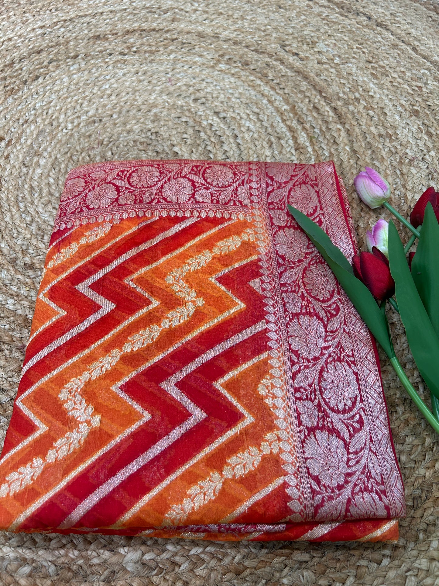 Authentic Handloom Orange & Red Pure Georgette Khaddi weaving Handloom Saree