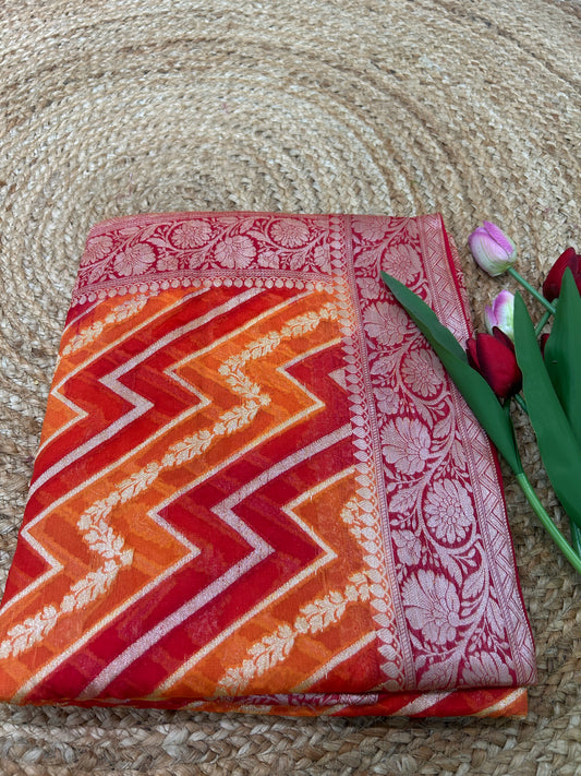 Authentic Handloom Orange & Red Pure Georgette Khaddi weaving Handloom Saree