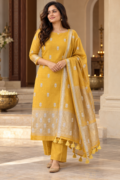 Mustard Yellow Pure Mulcotton Zari Embroidered 3-Piece Dress Material