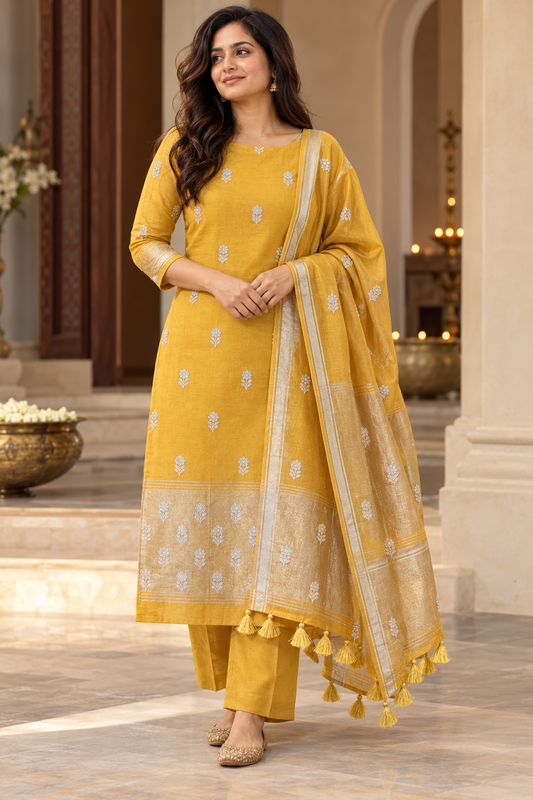 Mustard Yellow Pure Mulcotton Zari Embroidered 3-Piece Dress Material