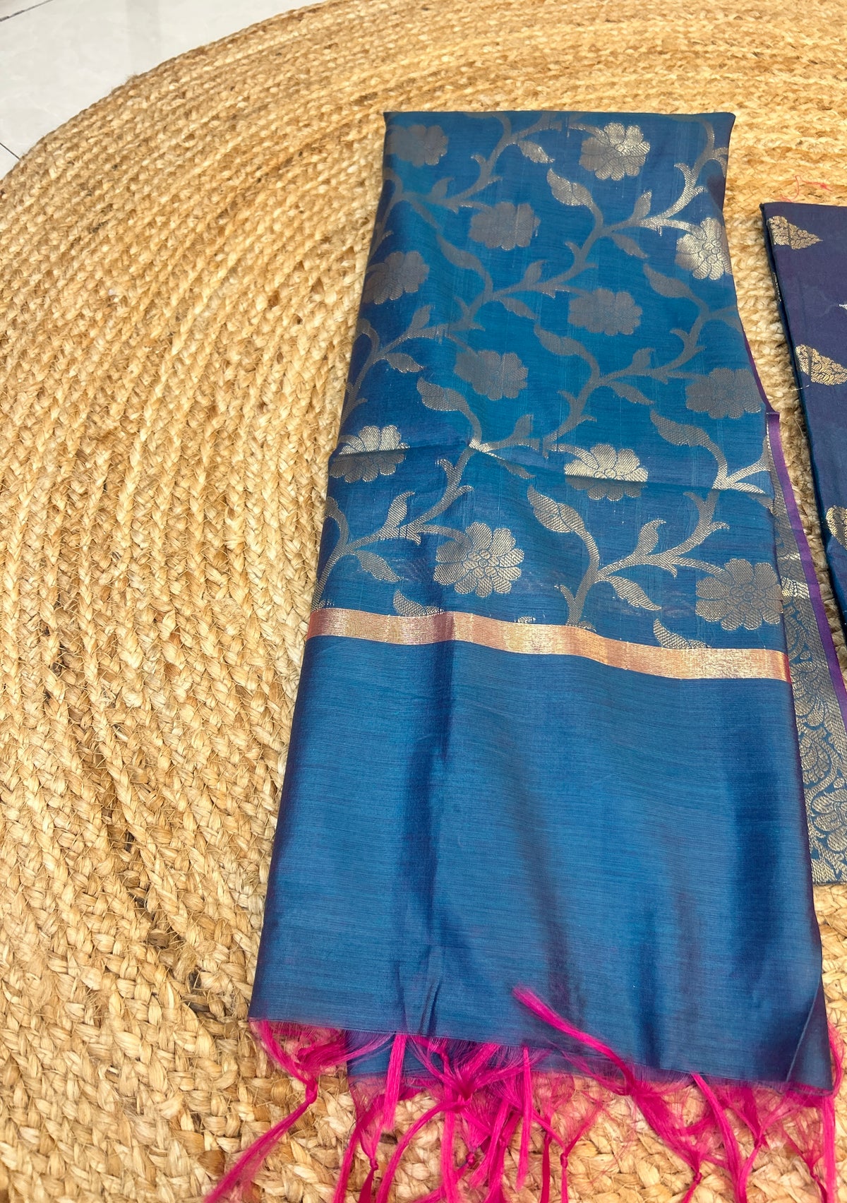 Peacock Blue Cotton Silk  Banarasi 3-Piece Suit Material