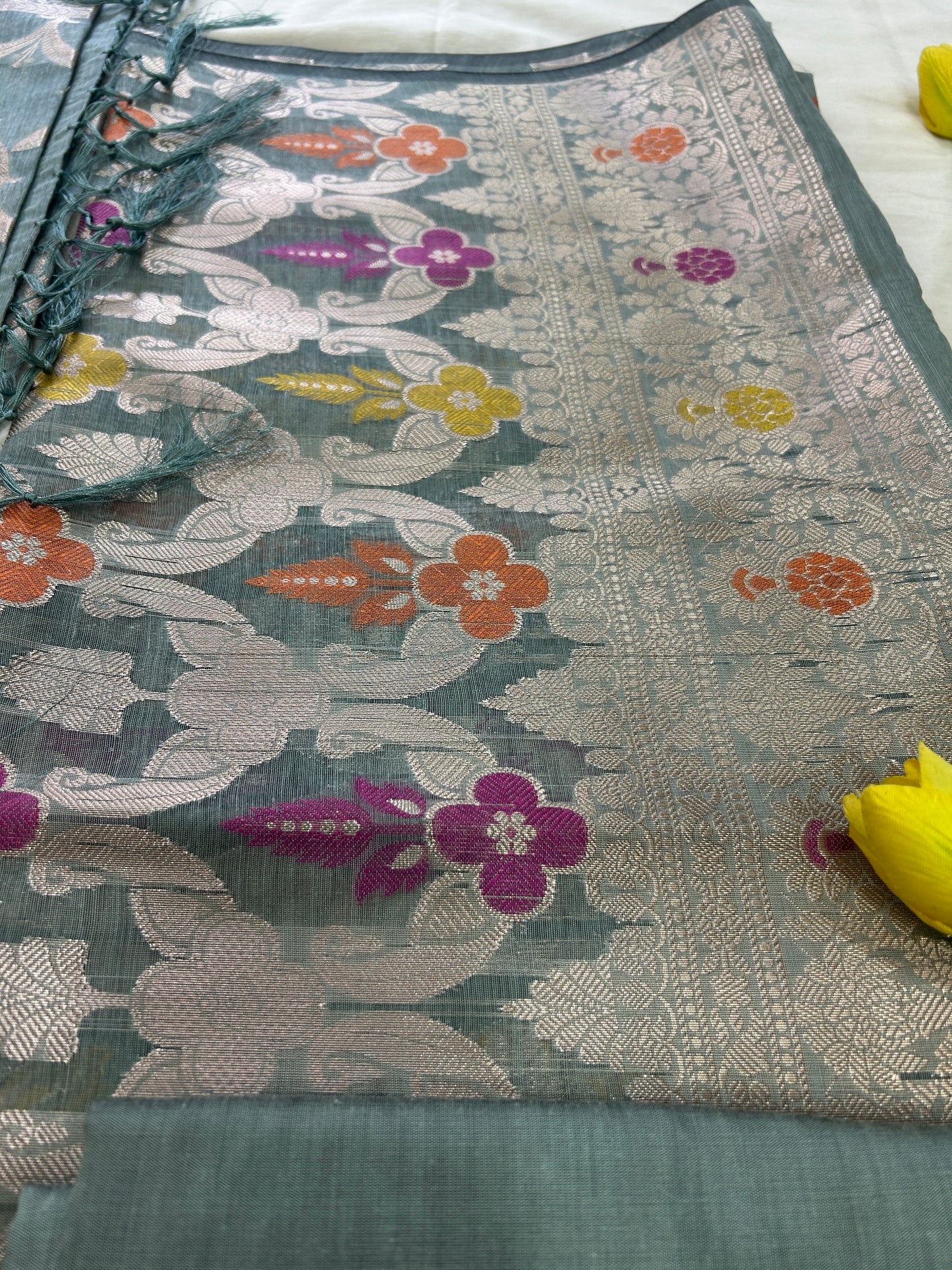 Dusty Teal Cotton double Zari  Banarasi 3 piece set