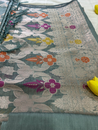 Dusty Teal Cotton double Zari  Banarasi 3 piece set