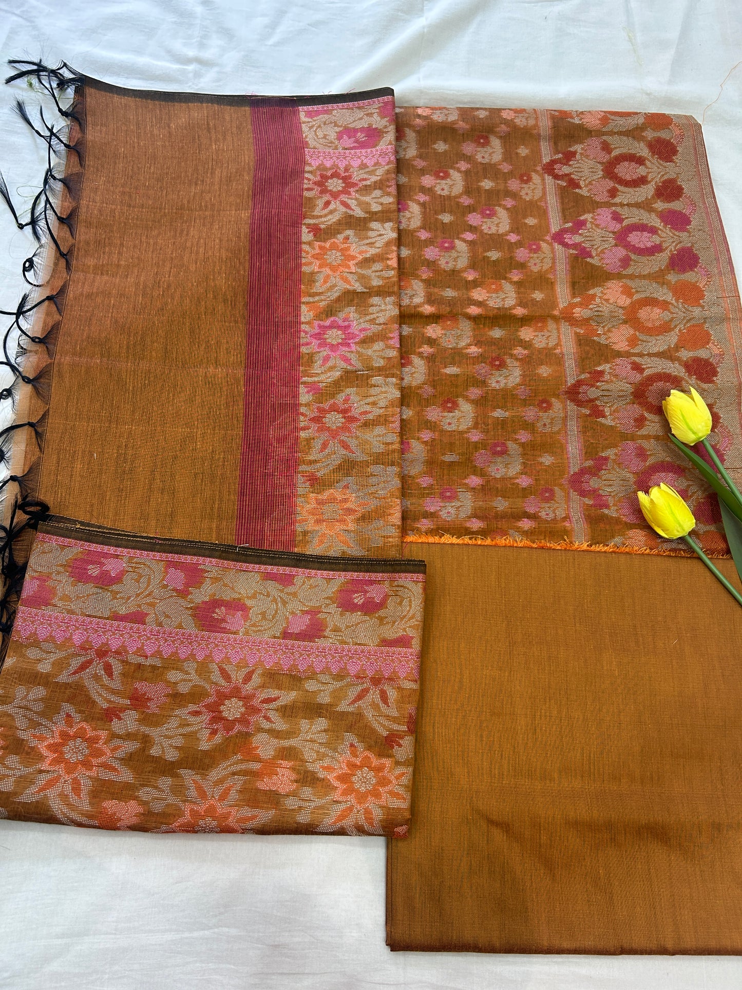 Handwoven Earthy Brown Cotton silk Unstitched Banarasi Suit Set with Resham Weaving