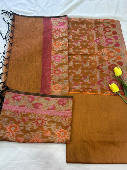 Handwoven Earthy Brown Cotton silk Unstitched Banarasi Suit Set with Resham Weaving