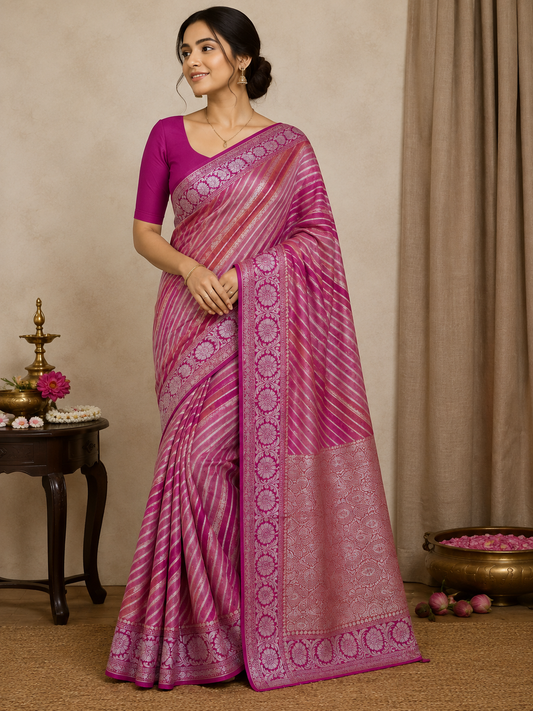 Authentic Handloom Magenta Pink Pure Georgette Khaddi weaving  Saree