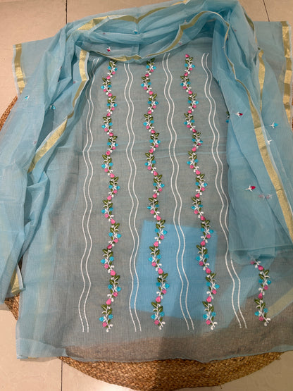 Mix Cotton Floral Embroidered Unstitched Suit Set – Aqua Blue