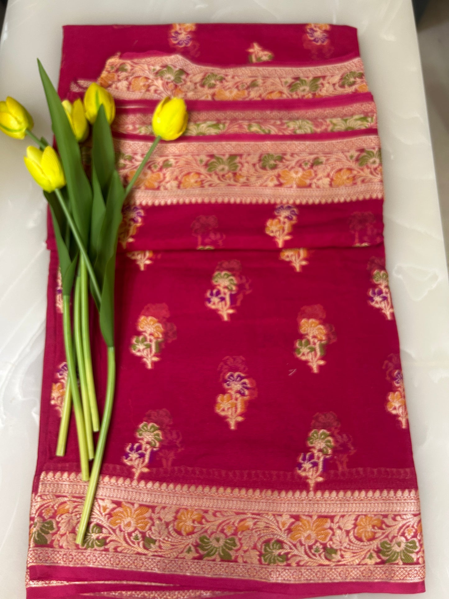 Authentic Handloom Pure Khaddi Georgette Banarasi Saree – Rani Pink with Meenakari Weaving