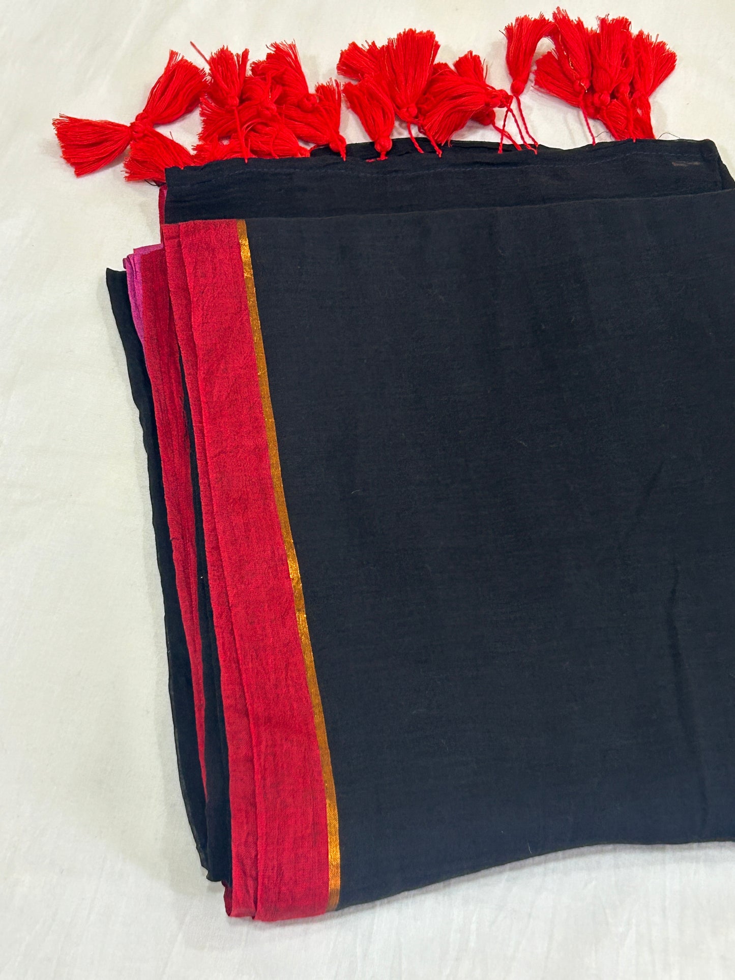 Black Mulcotton saree with red and pink border with golden stripe  SMC237