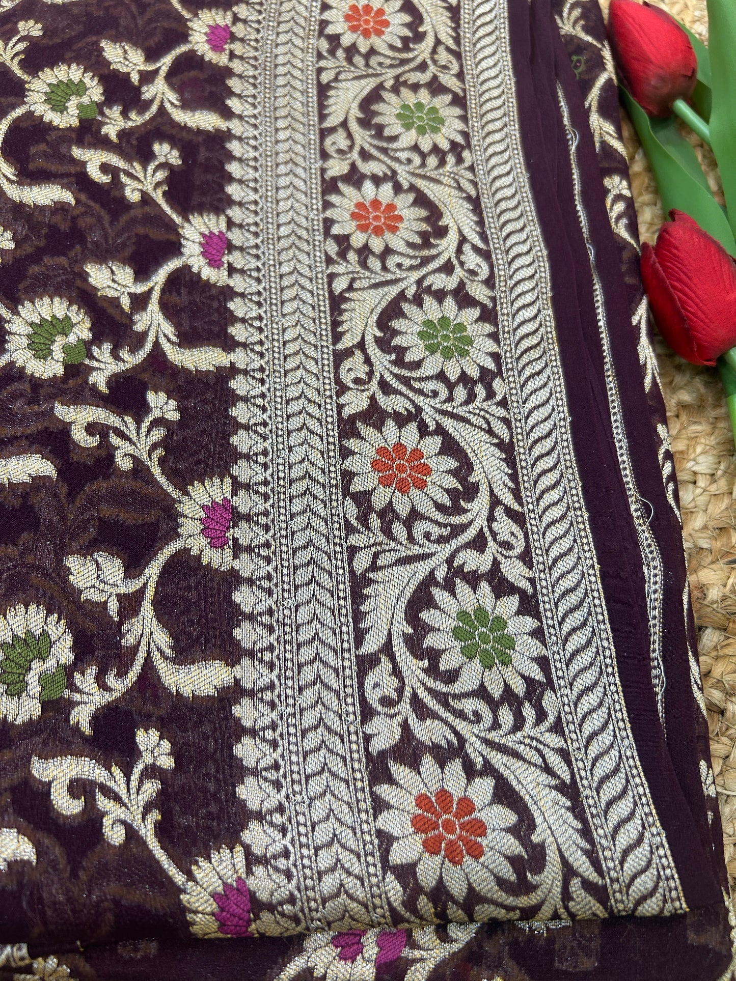 Authentic Handloom Deep Plum Floral Pure Georgette Khaddi weaving Saree