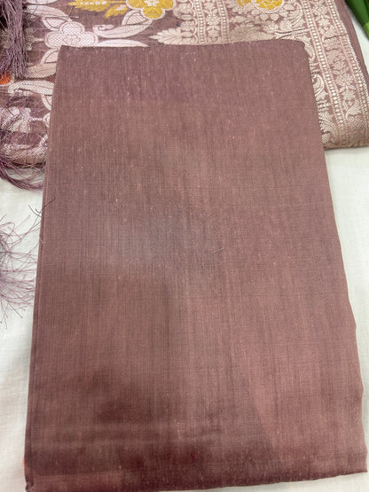 Dusty Brown Cotton double Zari  Banarasi 3 piece set