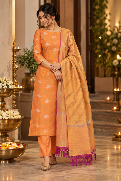 Mango Yellow Cotton Silk  Banarasi 3-Piece Suit Material