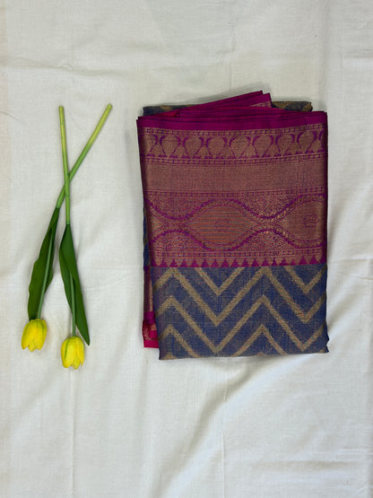 Royal Blue & Magenta with Antique Gold Zari Linen Tissue Banarasi saree with Brocade blouse piece