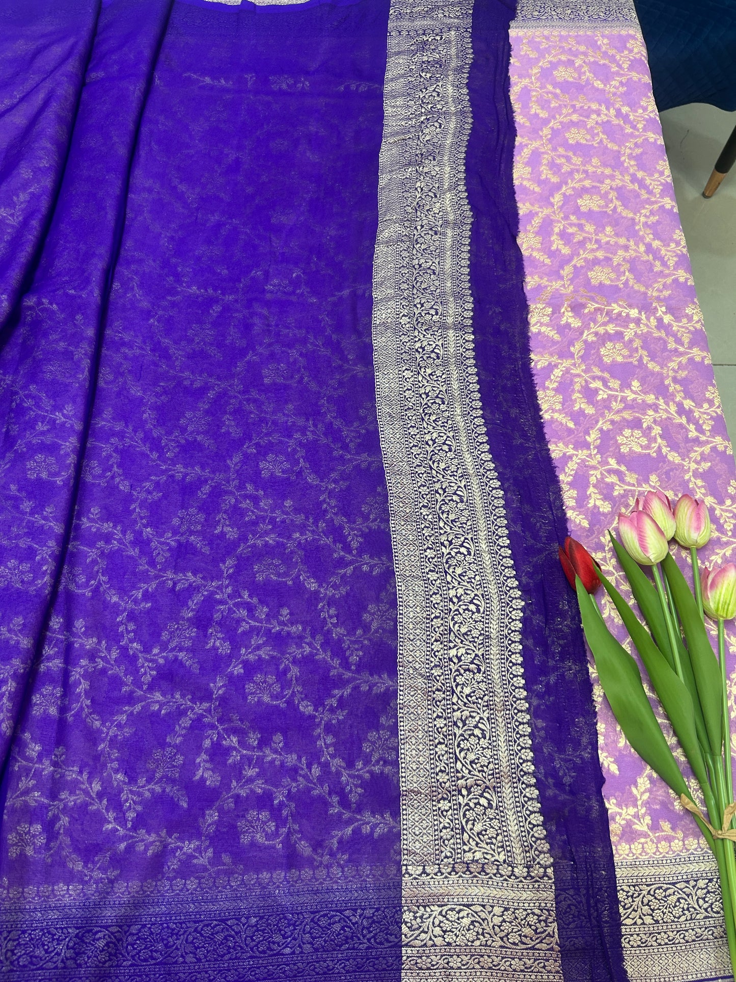 Lavendar Handwoven Handloom Khaddi Georgette Banarasi Saree with contrast purple blouse