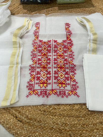 Red & Mustard Embroidered Mix Cotton Kota Doria 3-Piece Unstitched Suit Set
