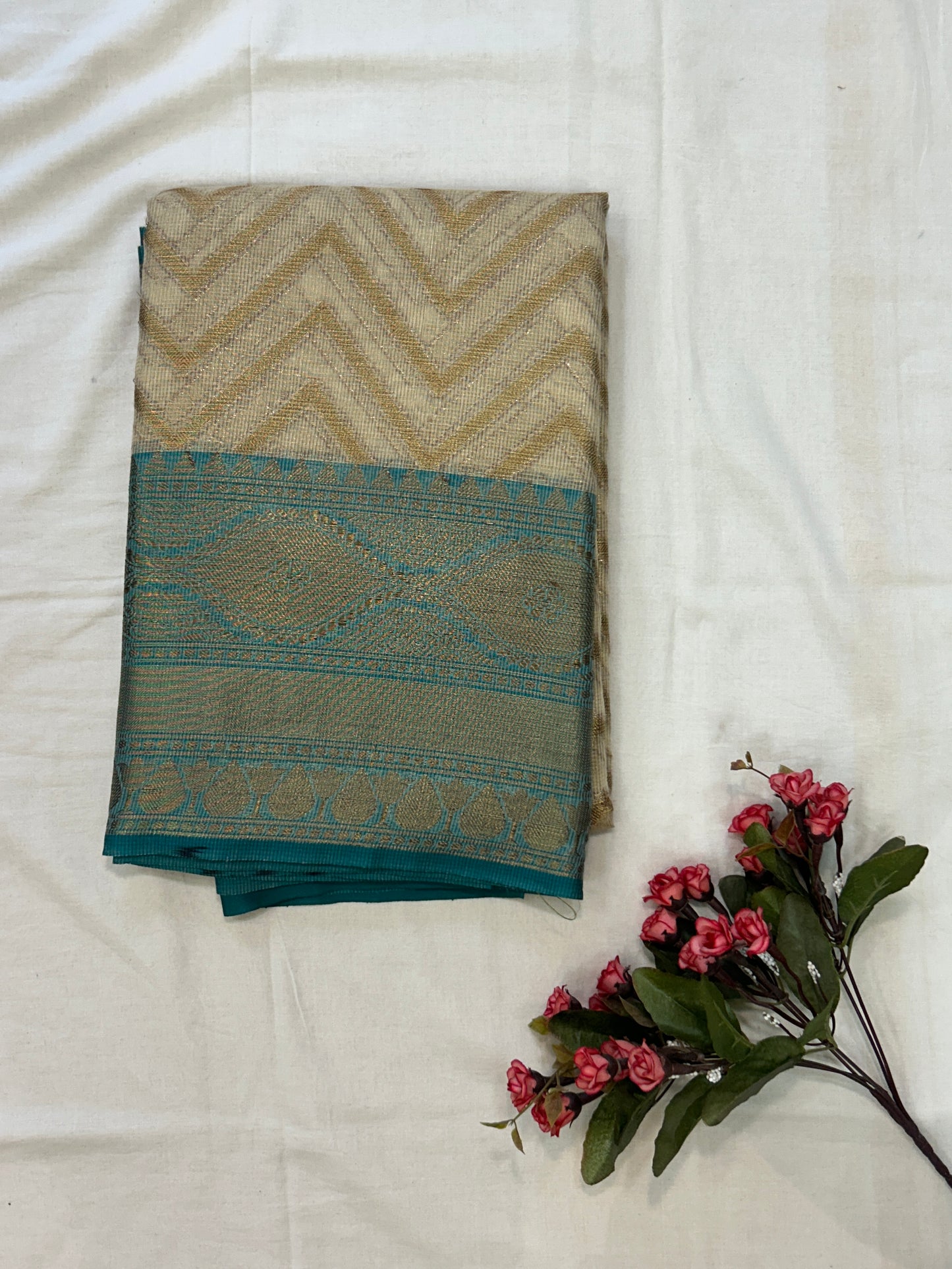 Champagne Gold with Teal Blue border with Antique Gold Zari Linen Tissue Banarasi saree with Brocade blouse piece