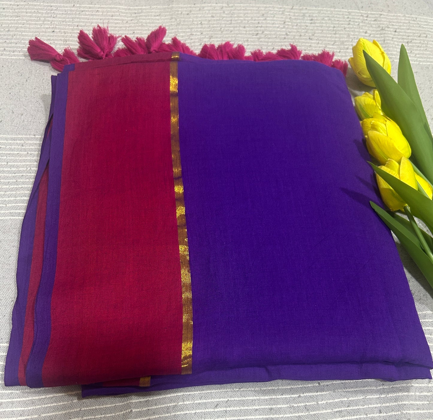 Deep Purple Mulcotton saree with pink and golden stripe  SMC249