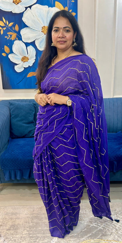 Violet Mulcotton saree with zig zag golden thread embroidery