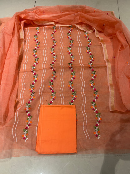 Peach Mix Cotton Kota Doria Embroidered 3-Piece Unstitched Suit Set