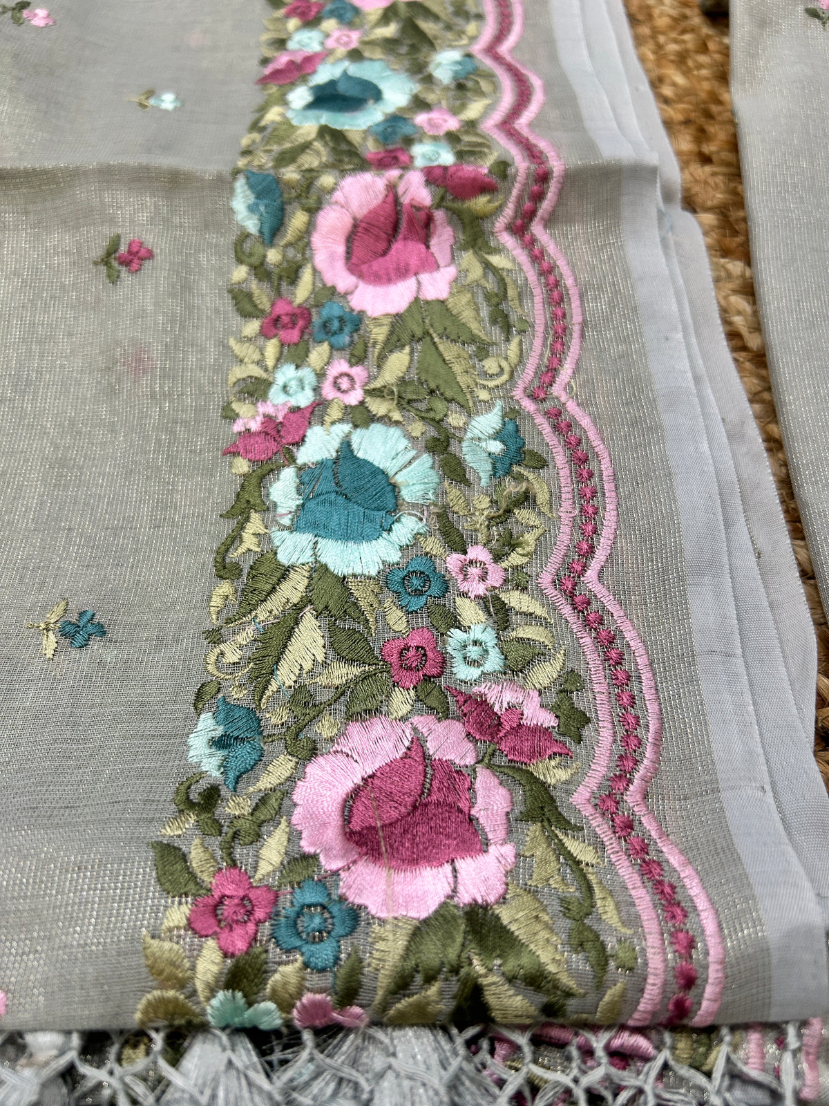 Silver Grey Pure Mul Tissue Parsi Embroidery Dress Material