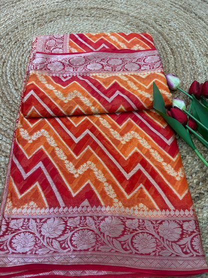 Authentic Handloom Orange & Red Pure Georgette Khaddi weaving Handloom Saree