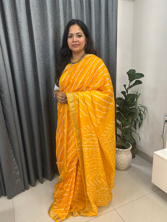 Mango yellow  Bandhani Saree with Lehariya pattern and  Zari Border SB190