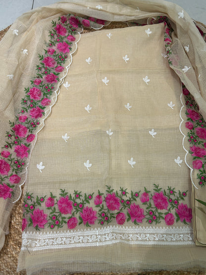 Beige Floral Embroidered Mix-Cotton Unstitched Suit Set