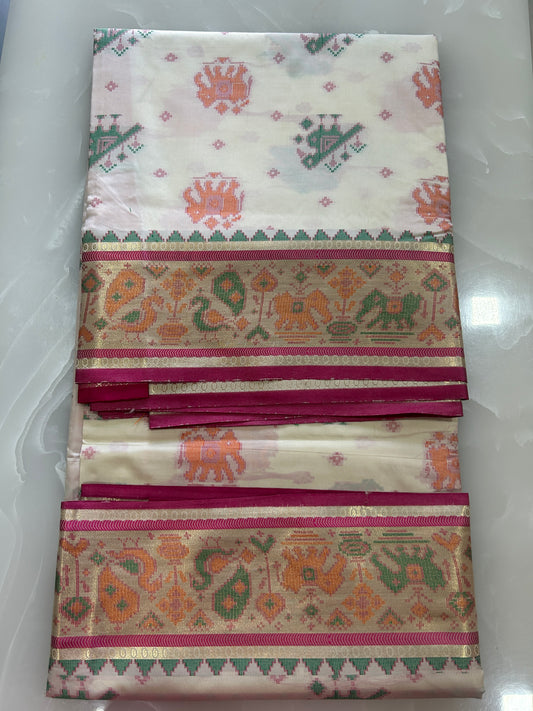 Beige and Pink Paitani weave polysilk sarees with Blouse piece SSP145