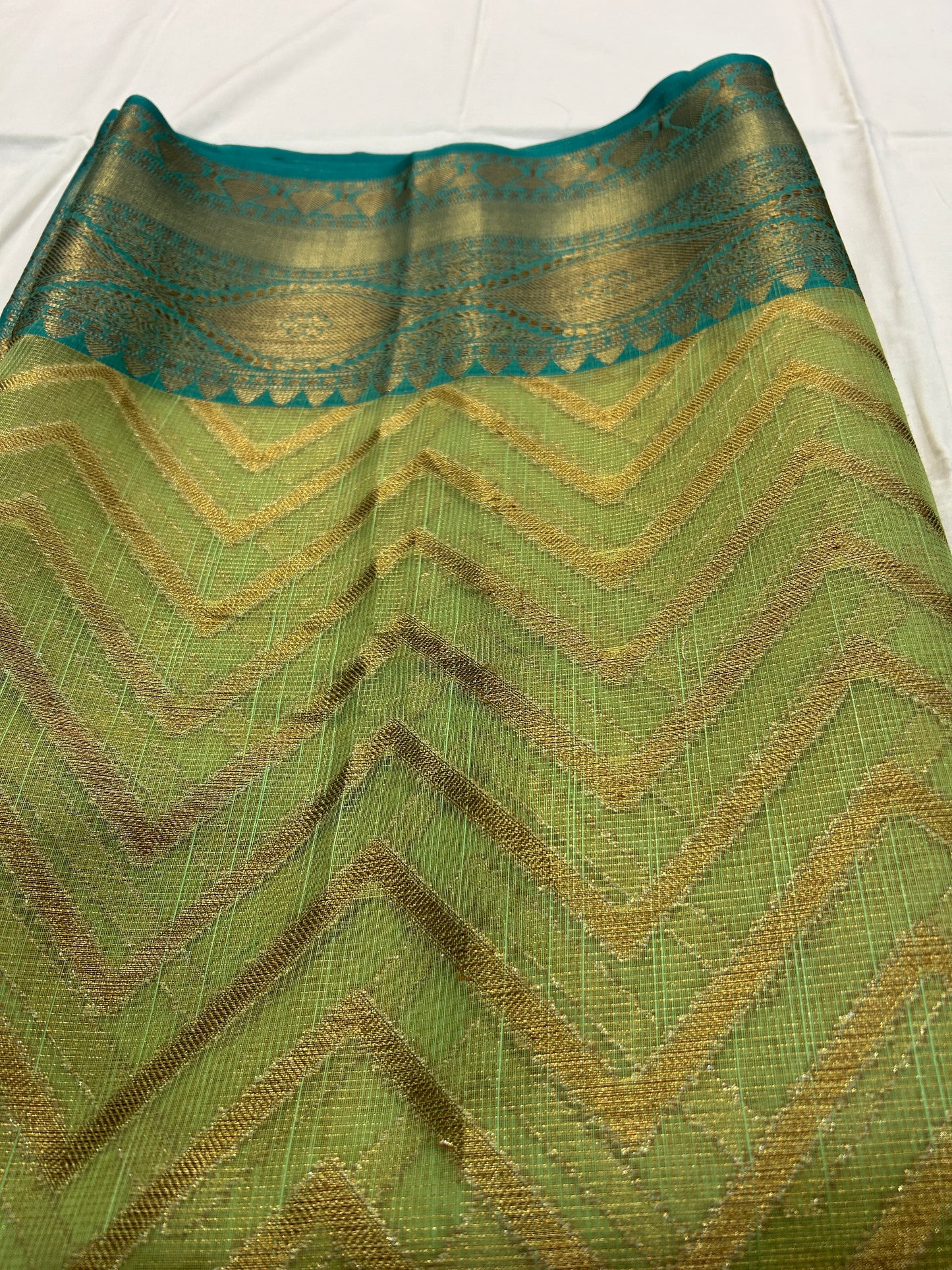 Pista Green with Teal Border & Antique Gold Zari Linen Tissue Banarasi saree with Brocade blouse piece