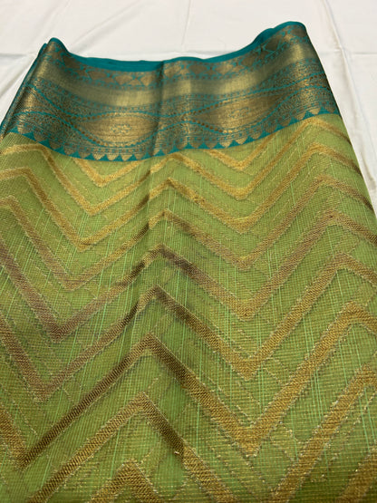 Pista Green with Teal Border & Antique Gold Zari Linen Tissue Banarasi saree with Brocade blouse piece