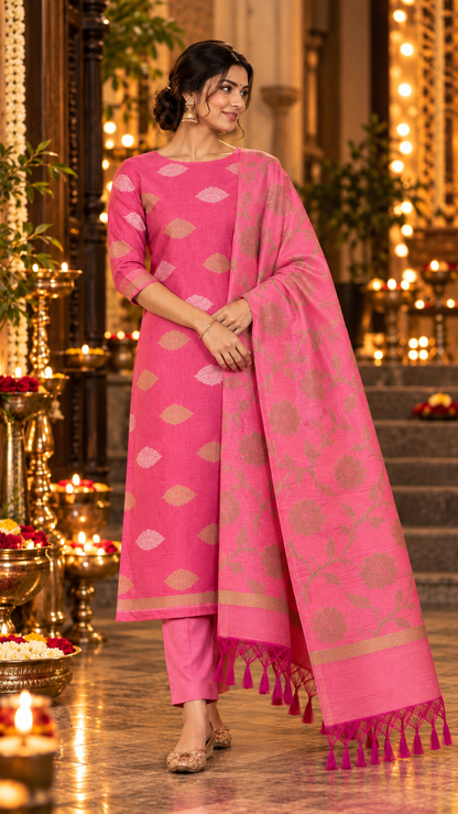 Peach Pink  Cotton Silk  Banarasi 3-Piece Suit Material