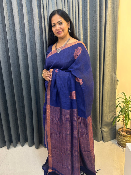 Navy Blue Linen Pure Handloom Saree with Blouse piece SLN128