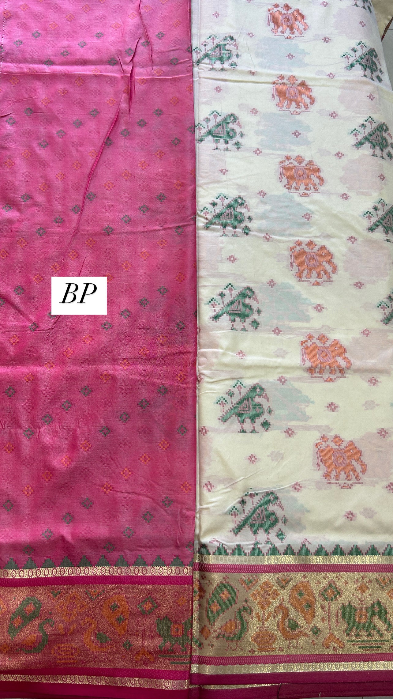 Beige and Pink Paitani weave polysilk sarees with Blouse piece SSP145